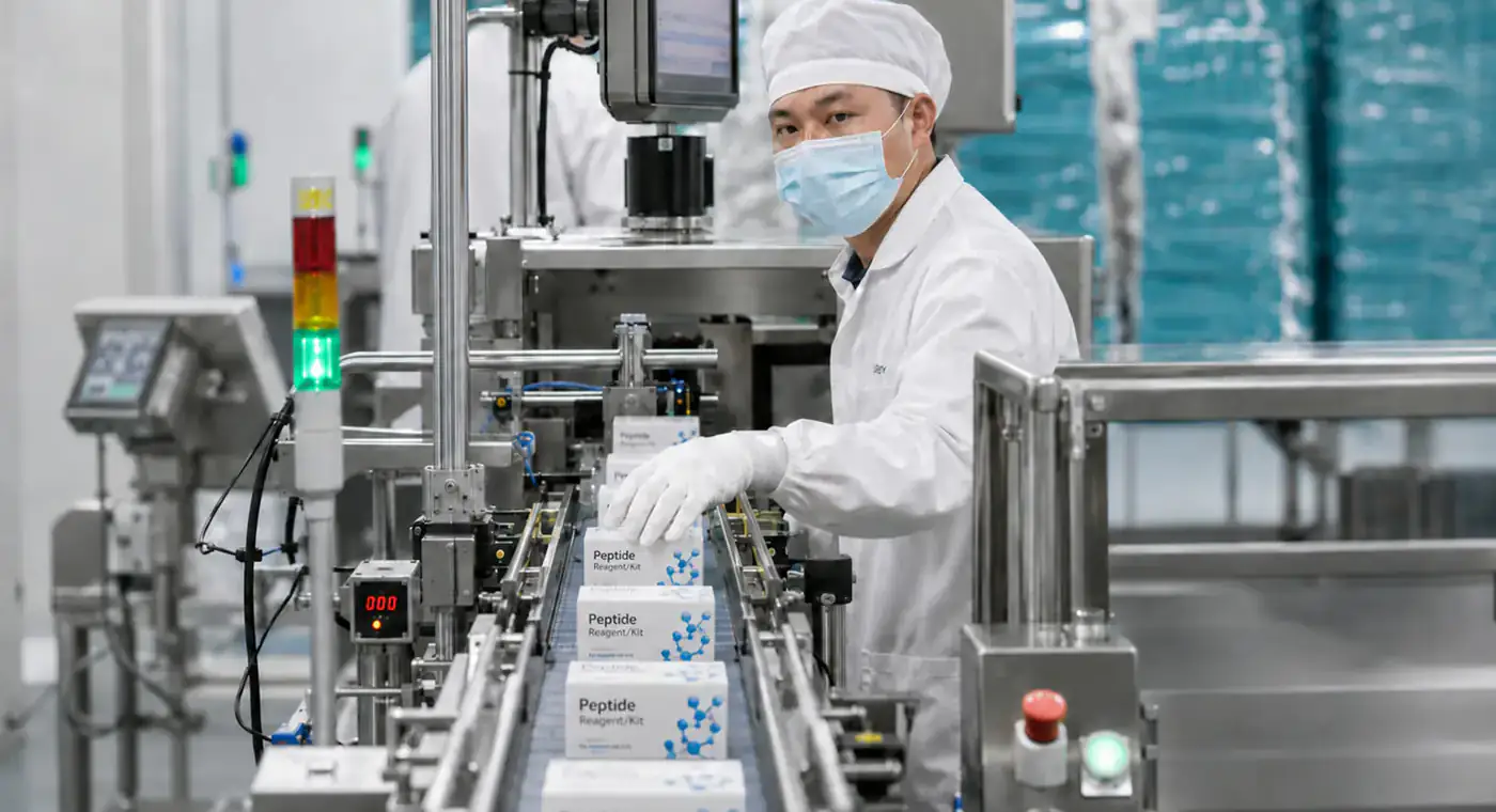 Research peptide production operator working beside enclosed process equipment