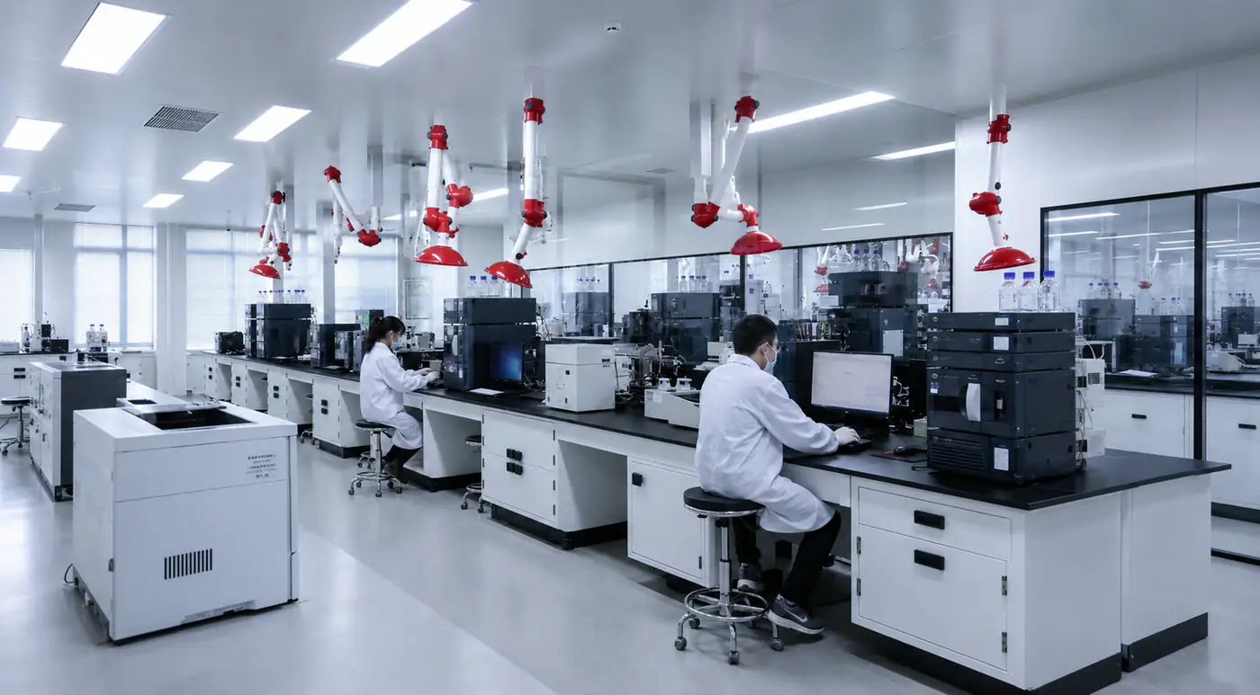 Analytical laboratory with multiple instrument stations and working analysts