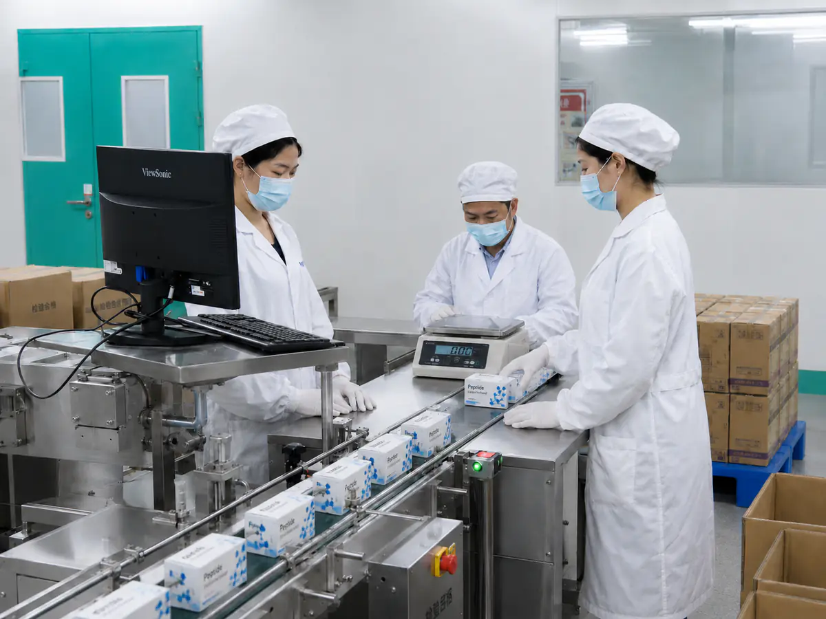 Operators inspecting packaged units beside a conveyor and computer station